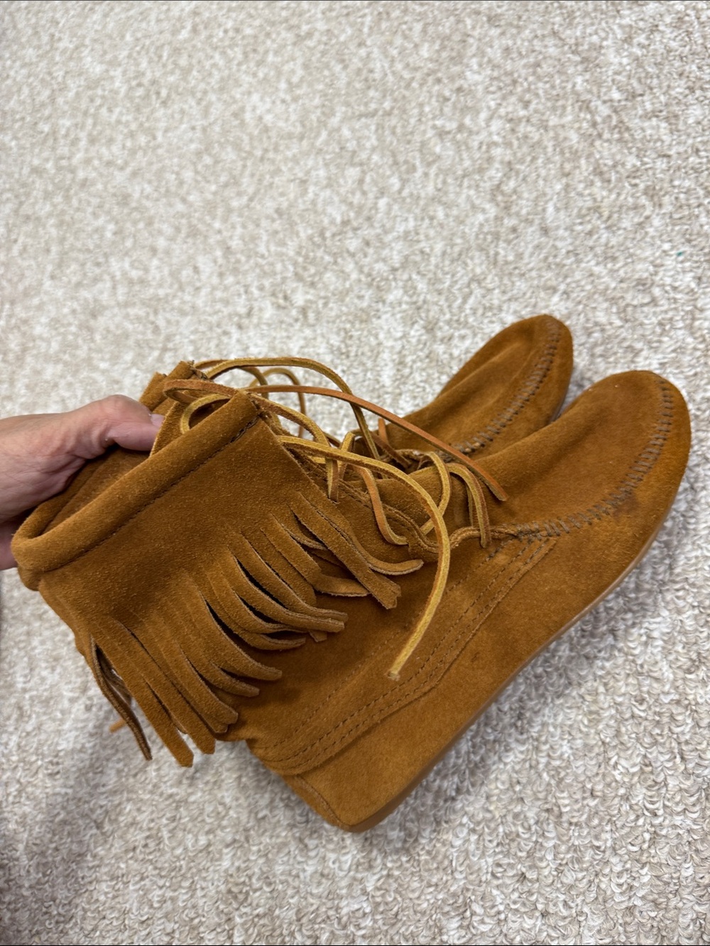 Minnetonka Fringe Lace-Up Suede Moccasins in Chestnut